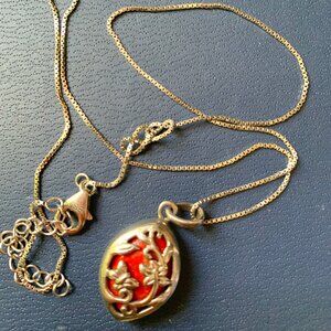 BBJ Signed 925 Sterling Silver Natural Red Mojave Turquoise Oval Pendant Chain